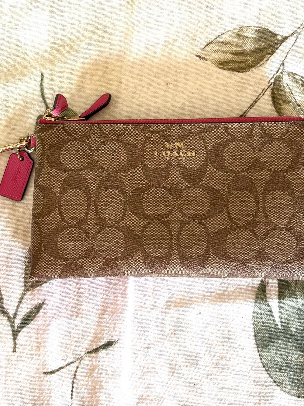 Coach Brown Signature Canvas Wristlet with Pink Trim